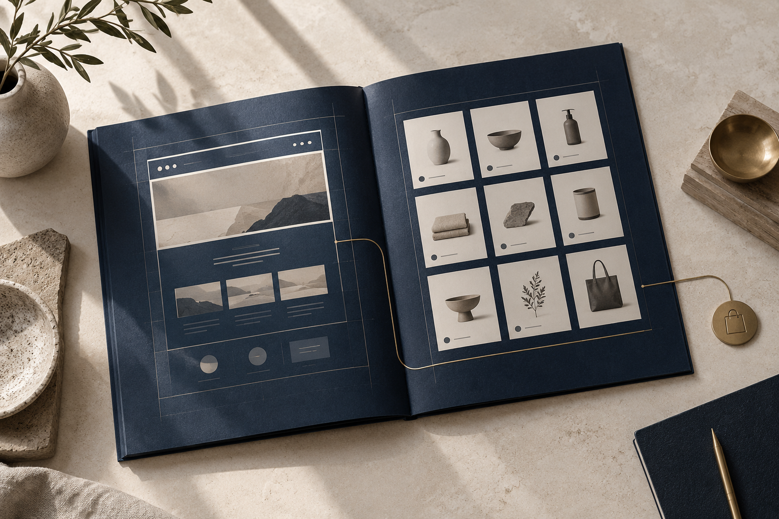 Weboldal- és webshopkészítés látványterve sötétkék designmappában